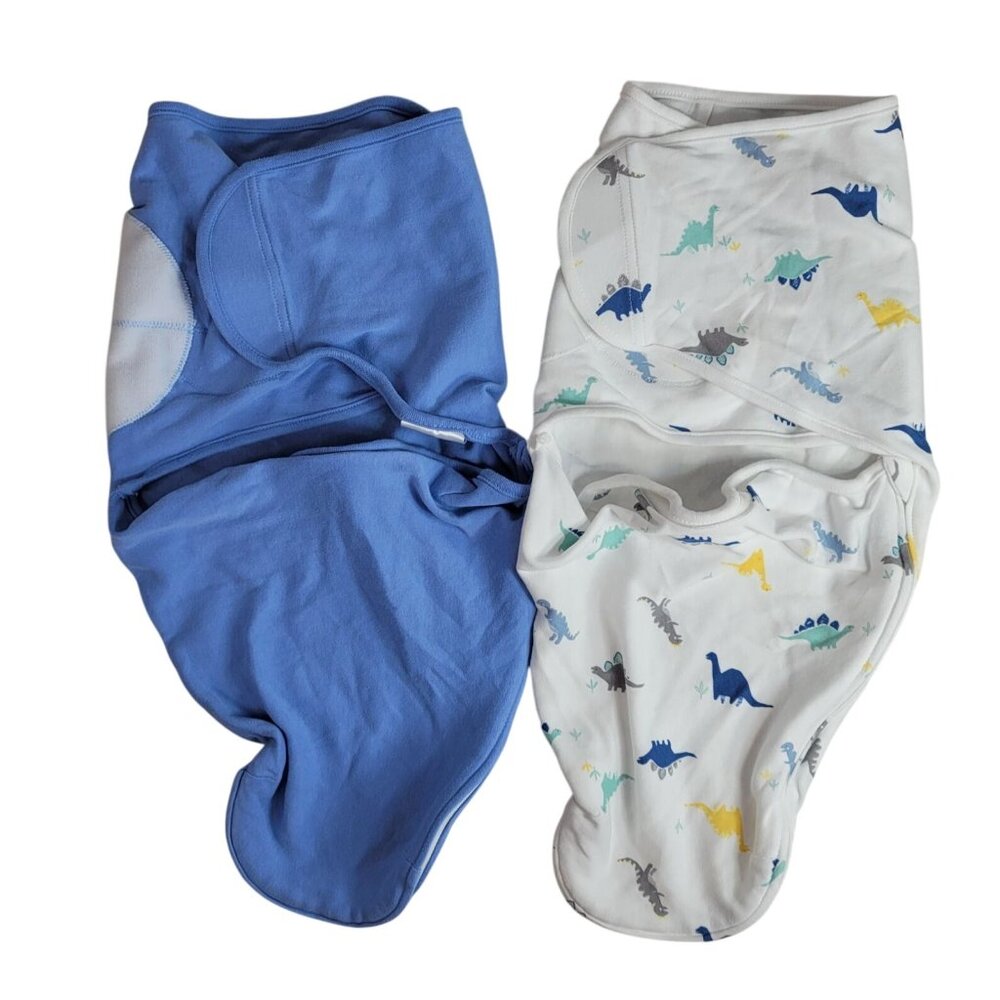 Aden & Anais Swaddle Sleep Sack Lot of 2 White Blue 0-3M Dino Solid Zip Adjust
